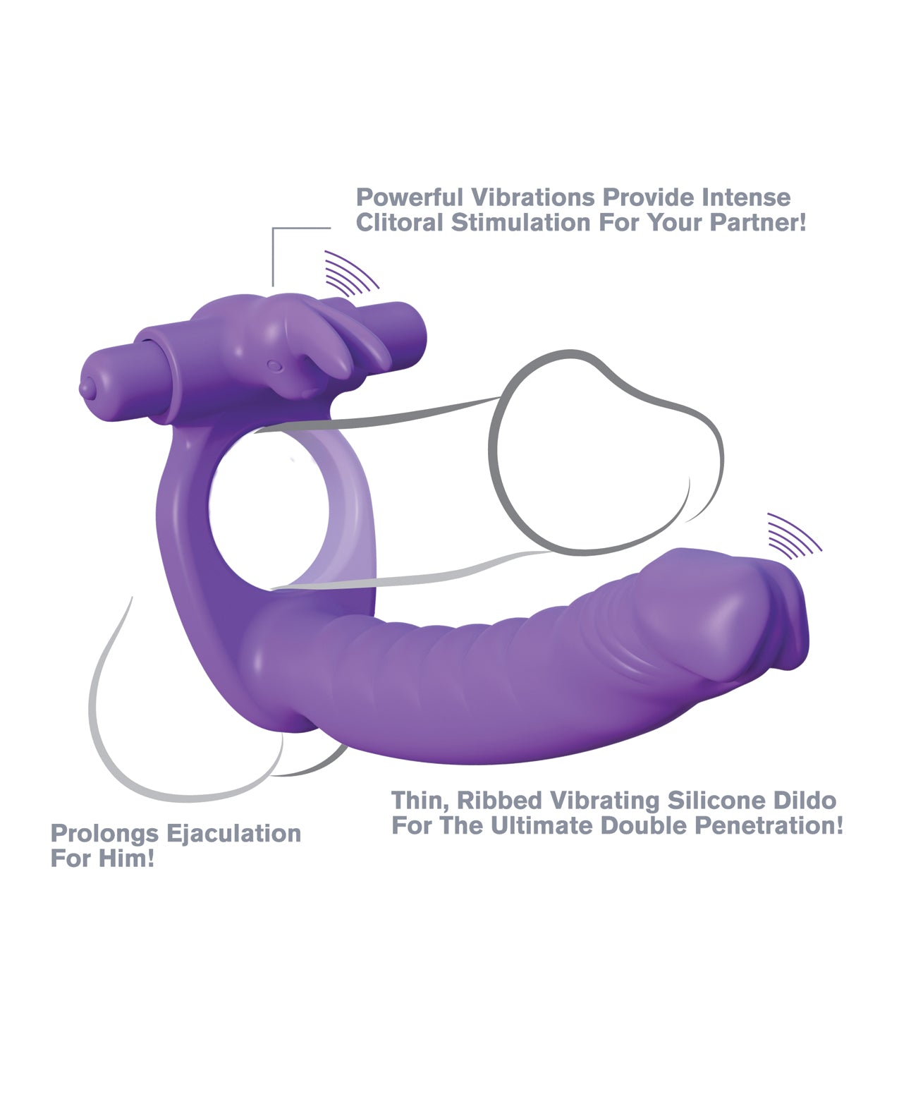 Silicone Double Penetrator Rabbit Vibrating Cock Ring with Clitoral Stimulator