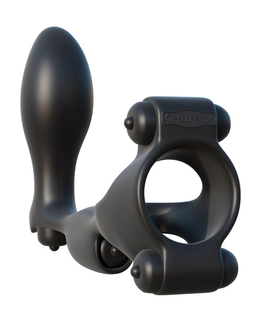 Quadruple Vibrating Silicone Cock Ring with Prostate Plug and Clitoral Stimulator