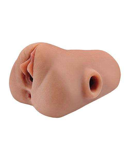 PDX Plus Double Pounder Vibrating Squeeze Stroker with Realistic Fanta Flesh - Brown