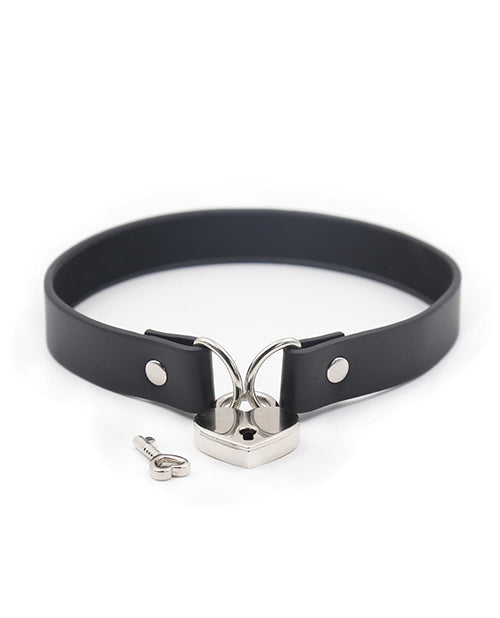 Plesur Bondage Collar Black PVC Soft Adjustable with Heart Lock for Stylish Restraint and Accessory Play