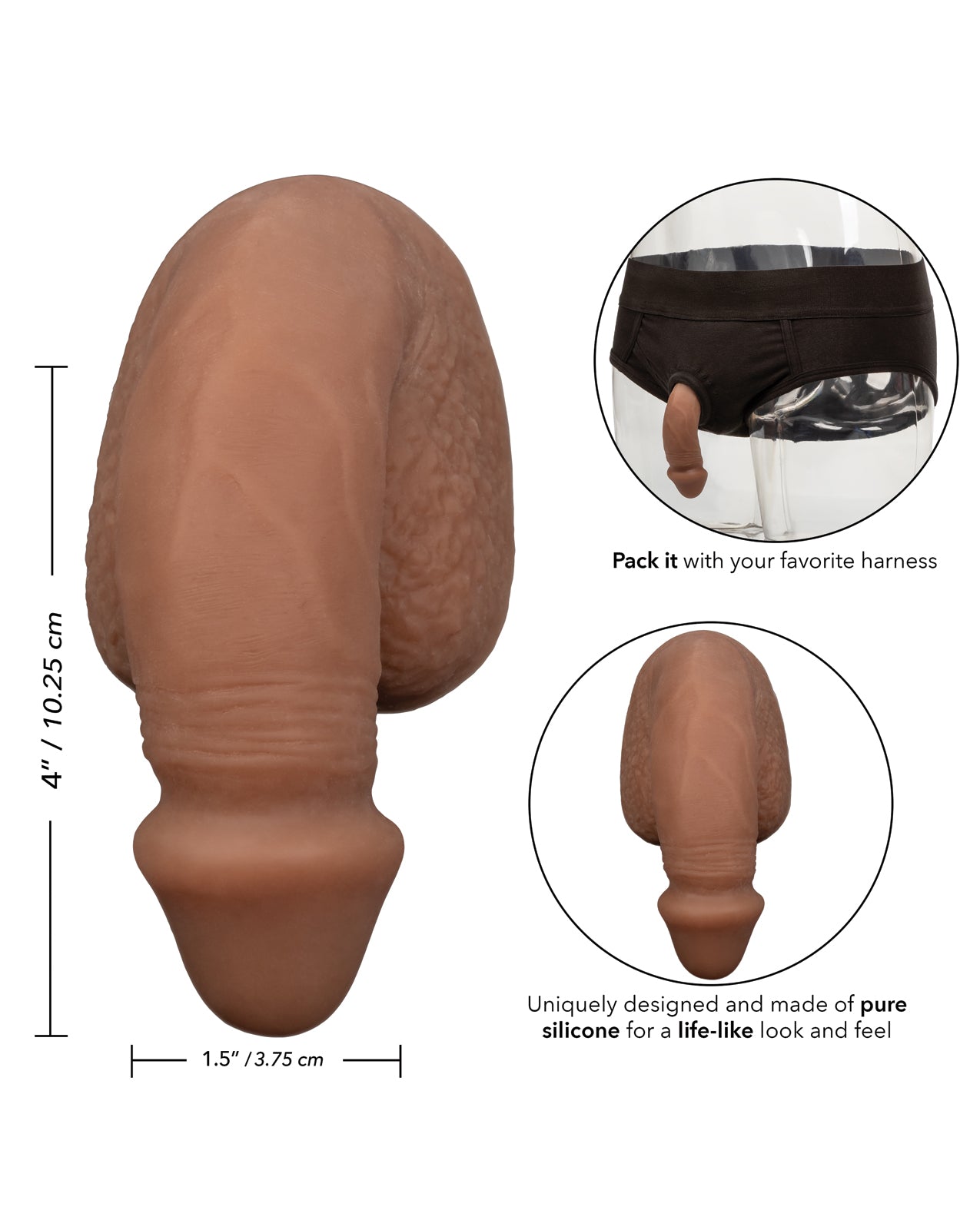 Packer Gear 4-Inch Silicone Packing Penis with Secure Harness Base – Brown
