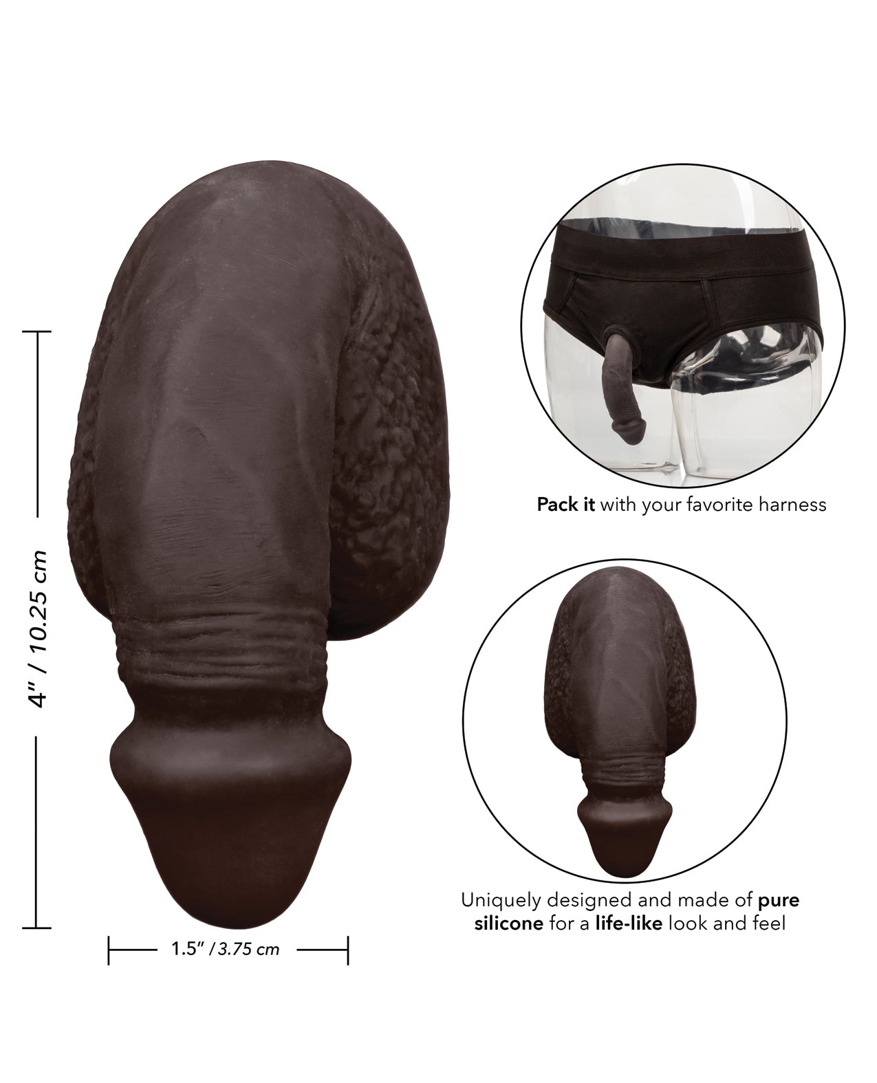 Packer Gear 4-Inch Silicone Packing Penis with Harness Base - Black