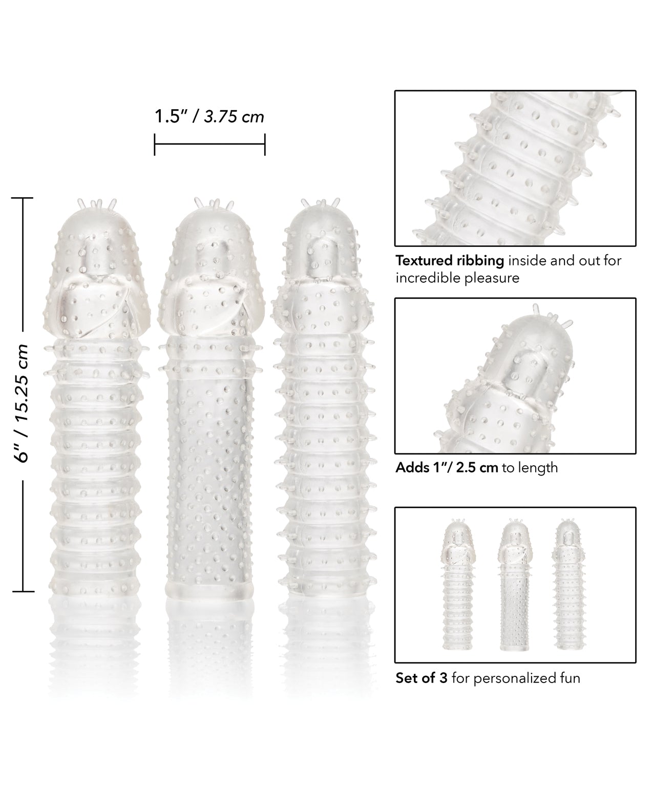 Clear 3 Piece Extension Kit with Ribbed Penis Enhancement Sleeves
