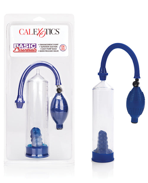 Basic Essentials Penis Pump blue clear cylinder EZ push button purge valve for safe enhancement and measurement
