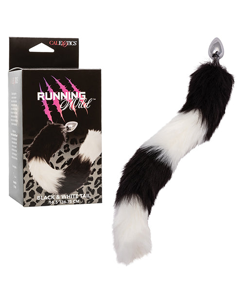 Running Wild Anal Probe metallic black & white faux fur tail for fantasy sensory play and adventurous intimacy
