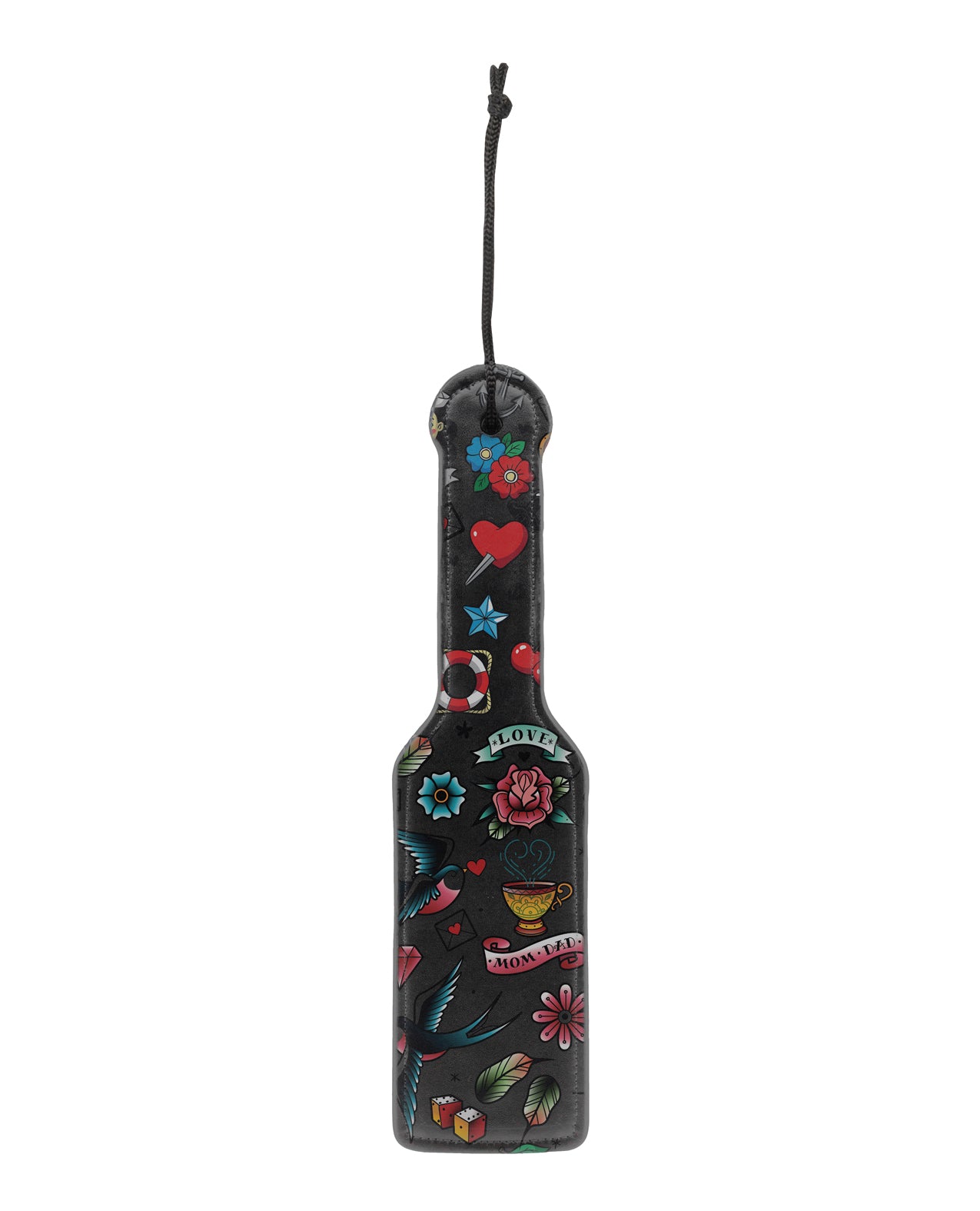 Ouch Bondage Paddle Fine Leather Old School Tattoo Print with Wristband for BDSM Play