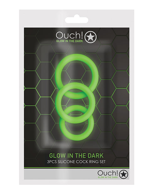 Ouch Glow in the Dark Cock Ring Set Stretchy Silicone Three Sizes for Penis Enhancement and Performance