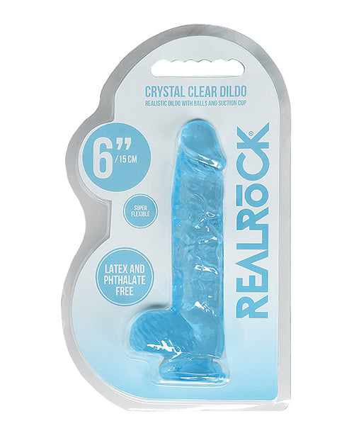 RealRock Dildo Blue Crystal Clear Realistic Design with Balls and Suction Cup Base for Hands-Free Versatility