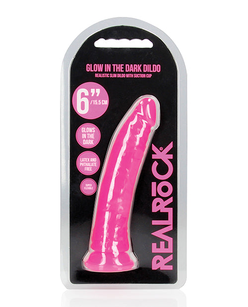 RealRock Dildo Neon Pink Suction Base Glow in the Dark Slim Silicone for Versatile Pleasure