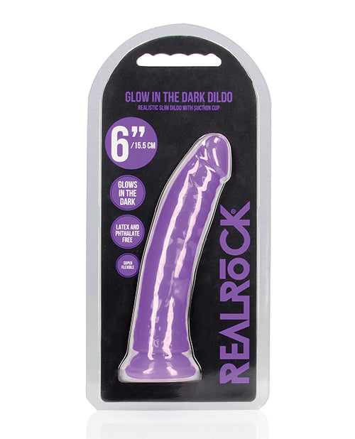 RealRock Dildo Neon Purple Glow in the Dark Slim Suction Cup for Versatile Pleasure