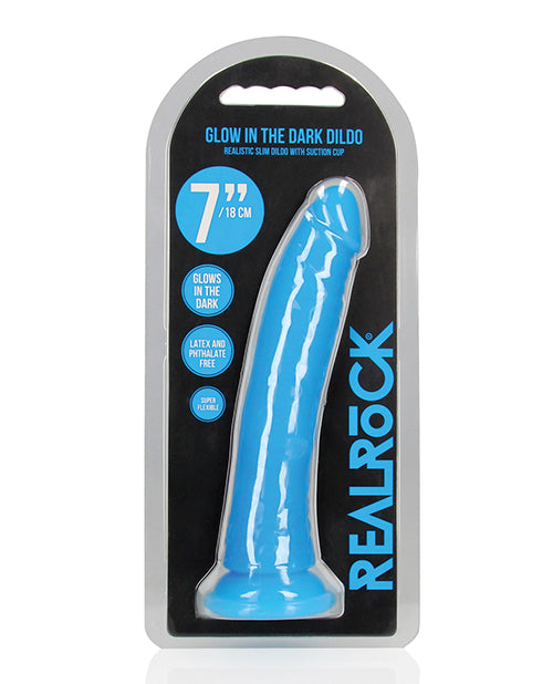 RealRock Dildo Neon Blue Glow in the Dark Slim Suction Base for Hands-Free and Harness Play