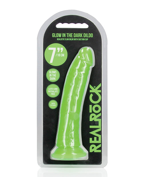 RealRock Dildo Neon Green Glow in the Dark Slim Suction Cup for Versatile Anal and Vaginal Stimulation