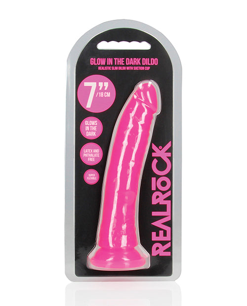 RealRock Dildo Glow in the Dark Neon Pink Slim Suction Base for Vibrant Anal or Vaginal Pleasure