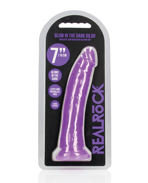 RealRock Dildo Glow in the Dark Neon Purple Slim Shape Suction Cup for Personal Pleasure