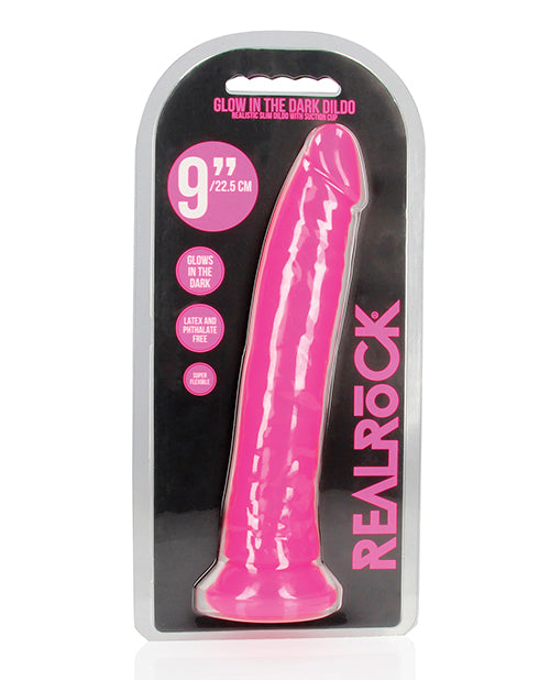 RealRock Dildo Glow in the Dark Neon Pink Slim Suction Cup for Versatile Hands-Free Play