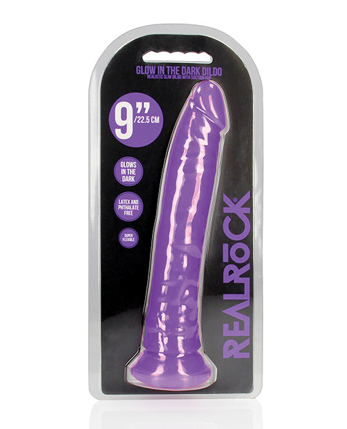 RealRock Dildo Glow in the Dark Slim Neon Purple with Suction Base for Versatile Pleasure and Nighttime Fun