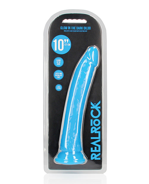 RealRock Dildo Neon Blue Glow in the Dark Slim 10-Inch Suction Cup for Versatile Adult Play