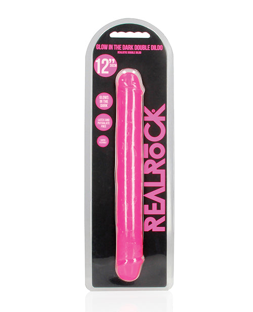 RealRock Double Dong Dildo Glow in the Dark Neon Pink Body-Safe Non-Porous for Versatile Intimate Play