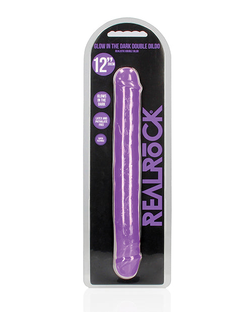 RealRock Double Dong Dildo Glow in the Dark Neon Purple Suction Cup for Versatile Body-Safe Intimate Play