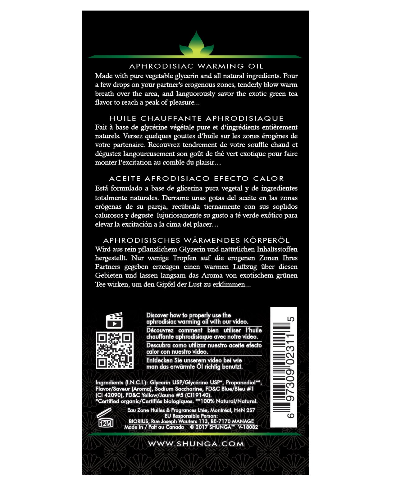 Shunga Organic Green Tea Warming Massage Oil – Edible and Vegan