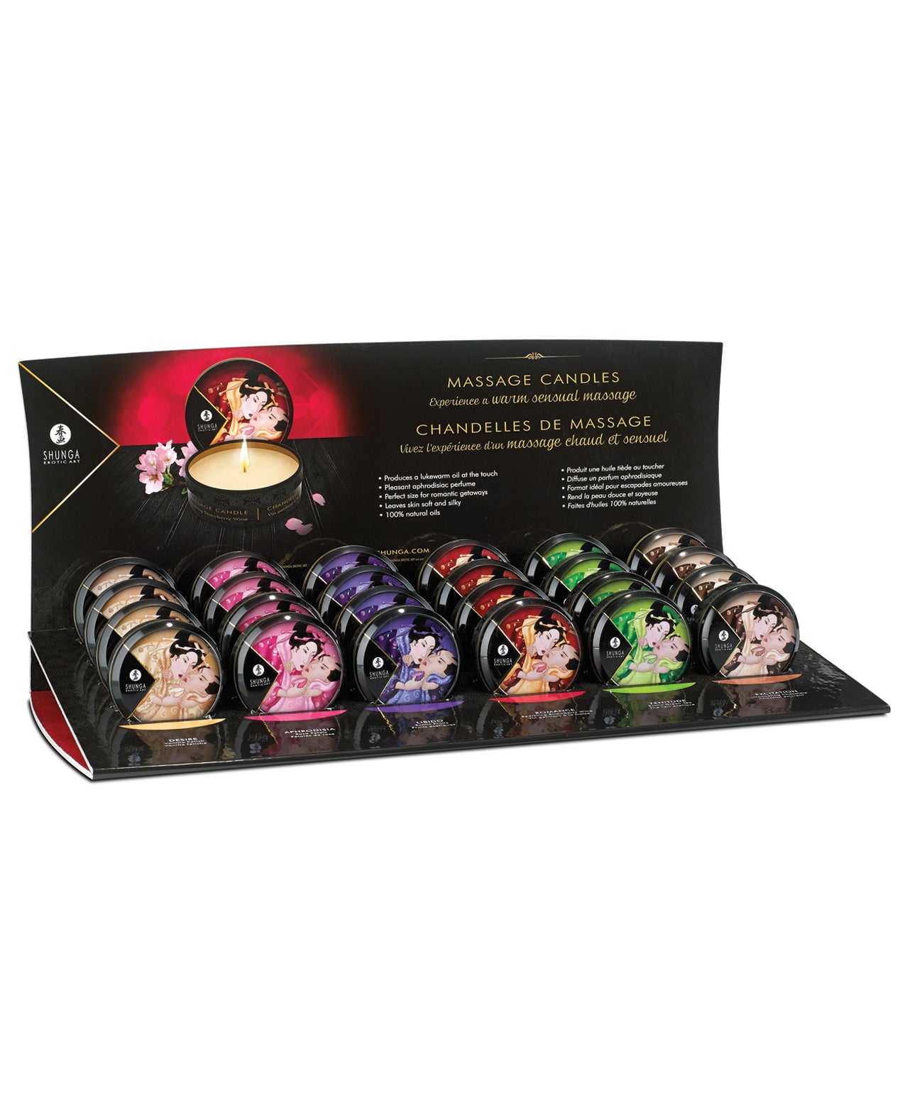 Shunga Mini Massage Candle Display assorted scented massage candles with natural oils for sensual body massage and skin nourishment