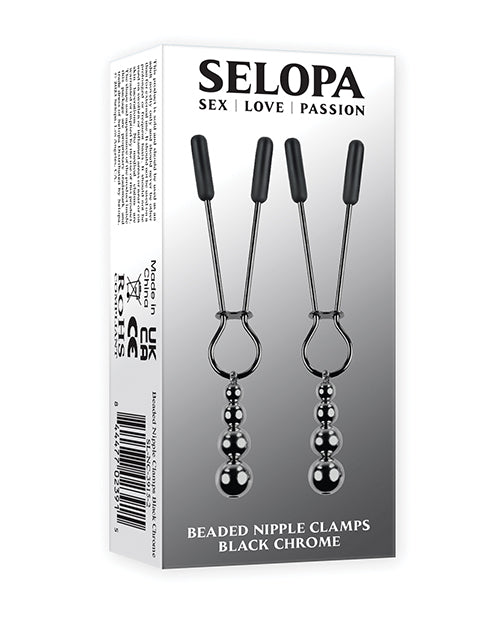 Selopa Nipple Clamps Black Chrome with Hanging Beads Weighted Sensation for Bondage Restraint