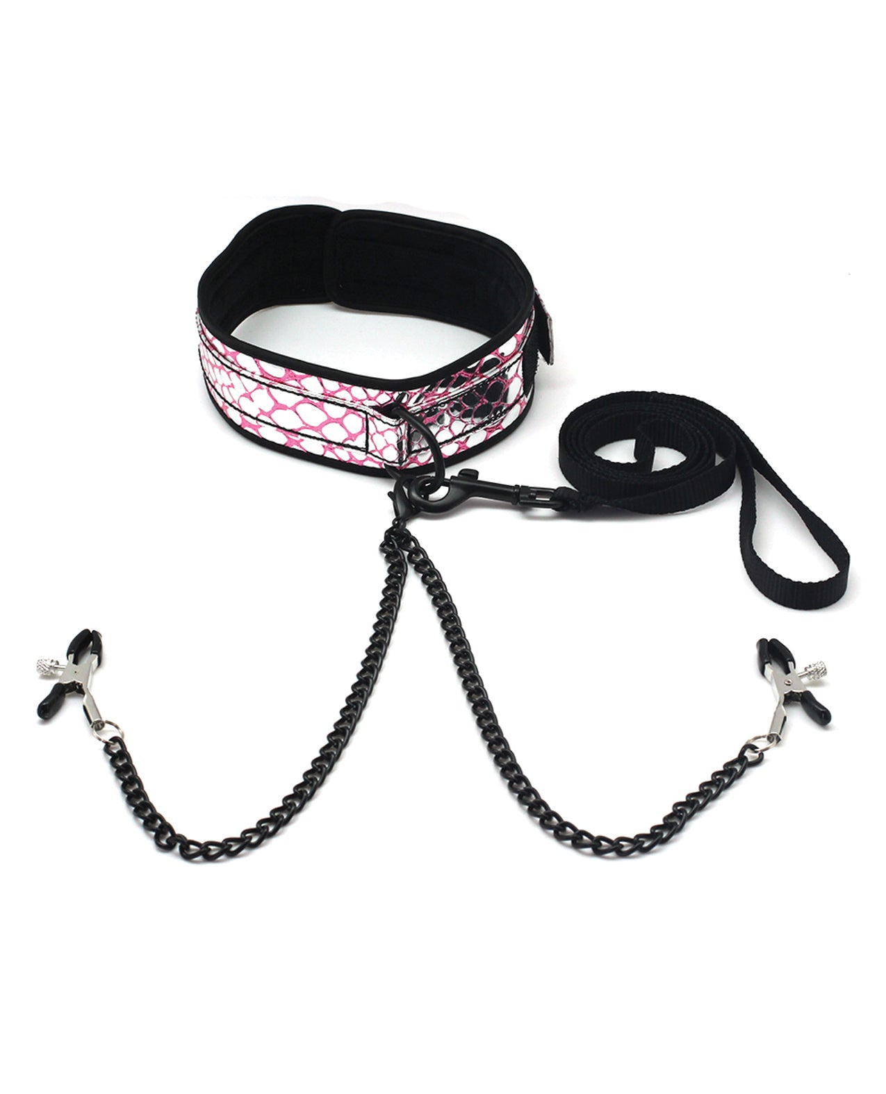 Spartacus Bondage Restraint Collar with Detachable Leash and Black Nipple Clamps for Couple's Power Play