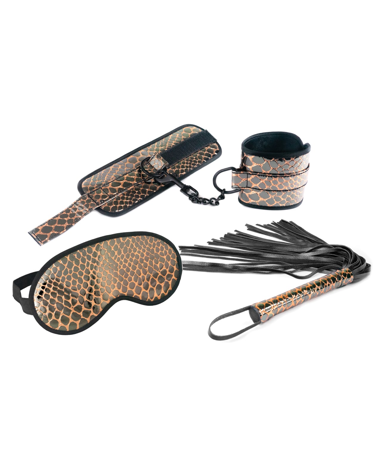 Spartacus Bondage Kit Faux Leather Gold Wrist Restraints Blindfold and Flogger for Sensory Play and BDSM Exploration