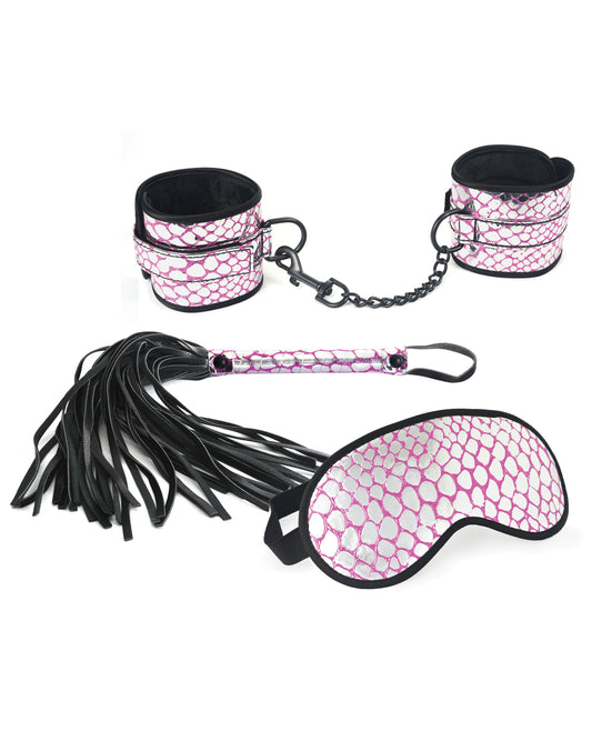 Spartacus Bondage Blindfolds & Restraints Pink Faux Leather Wrist Restraints, Blindfold, and Flogger for Couple Bondage Play