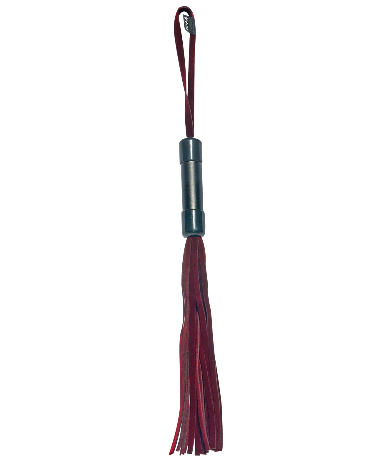 Crimson velveteen flogger with sturdy acrylic handle and wrist loop