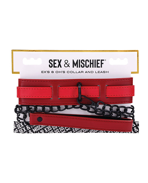 Sex and Mischief Bondage Collar Adjustable Faux Leather with Matte Black Chain Leash for Couples Restraint Play