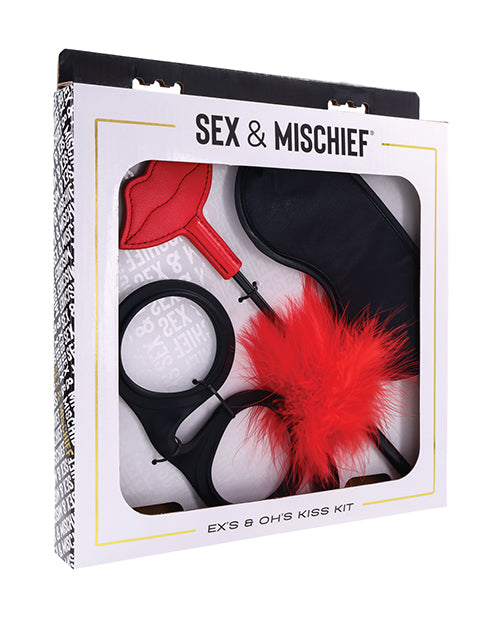 Sex and Mischief Bondage Kit Satin Blindfold Silicone Cuffs Feather Tickler for Sensory Play and Couple's Bondage