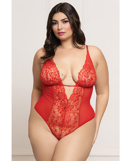 Seven 'til Midnight plus size lingerie red lace mesh teddy with rhinestone accents for enhanced comfort and confidence