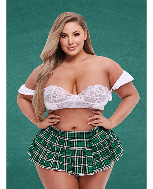 Teacher's Pet costume set with green tartan skirt and lace white bustier for plus size playful roleplay