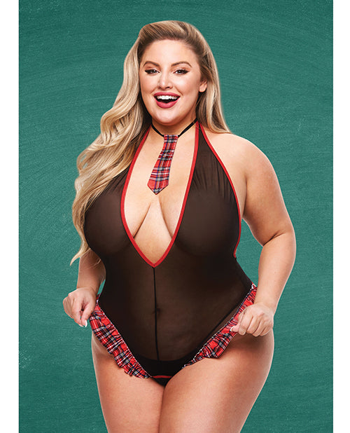 Teacher's Pet Costume Sheer Crotchless Teddy Plaid Trim Backless Design for Plus Size Fantasy Play