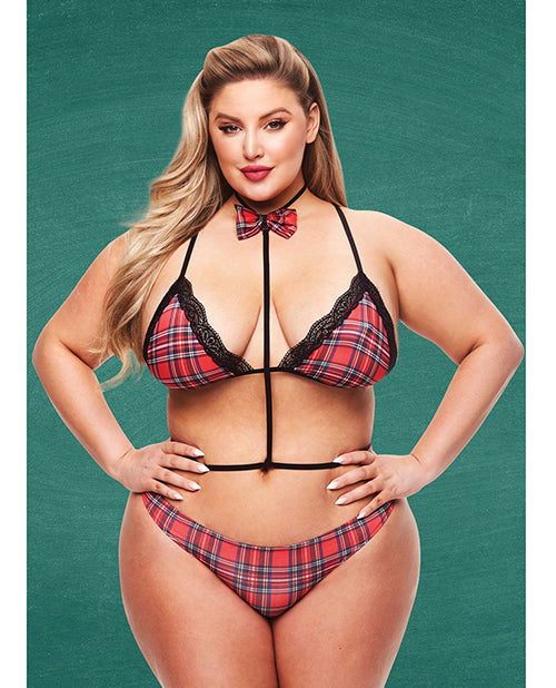 Teacher's Pet costume set plus size schoolgirl red black plaid with lace and bowtie for playful role play