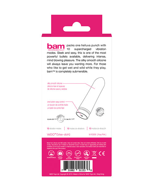 VeDO Bam Rechargeable Bullet Stimulator in Foxy Pink with 10 Modes