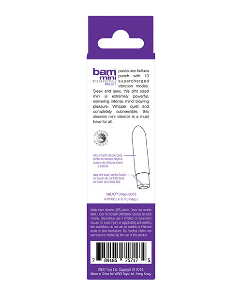 VeDO Bam Mini Rechargeable Bullet Vibrator with 10 Modes - Into You Indigo
