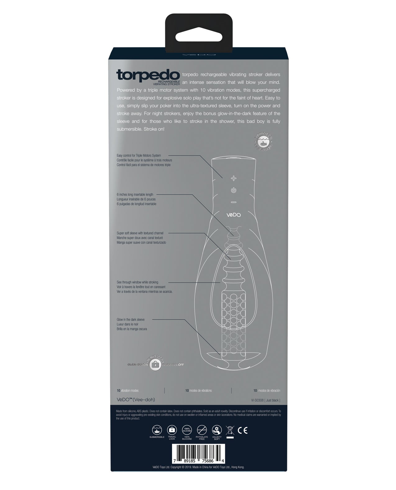 VeDO Torpedo Vibrating Rechargeable Stroker with Triple Motors and Glow-in-the-Dark Sleeve