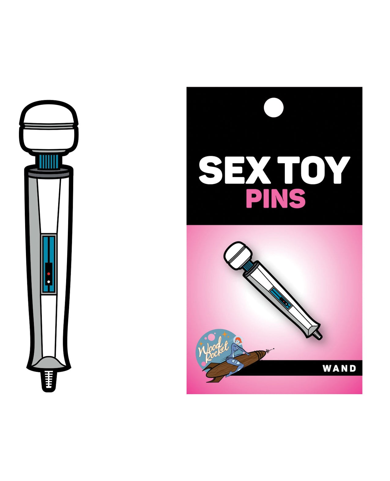 Wood Rocket novelty enamel lapel pin with white wand sex toy design for personal style and accessory decoration