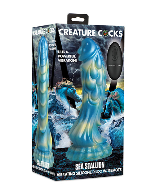 Creature Cocks Dildo Blue Yellow Iridescent Vibrating Suction Cup Remote-Controlled for Fantasy Pleasure