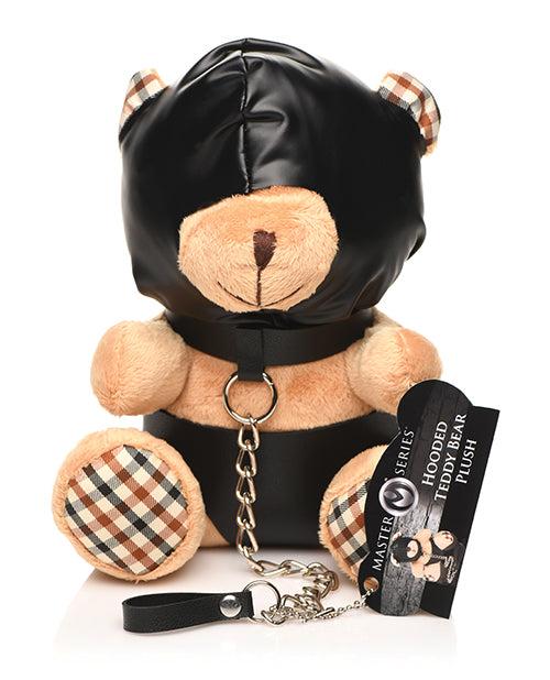 Master Series novelty plush teddy bear with PU leather hood and chain leash for playful adult gifting