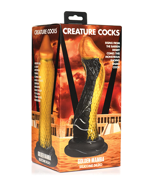 Creature Cocks Dildo silicone gold and black textured S-curve with suction cup for fantasy stimulation