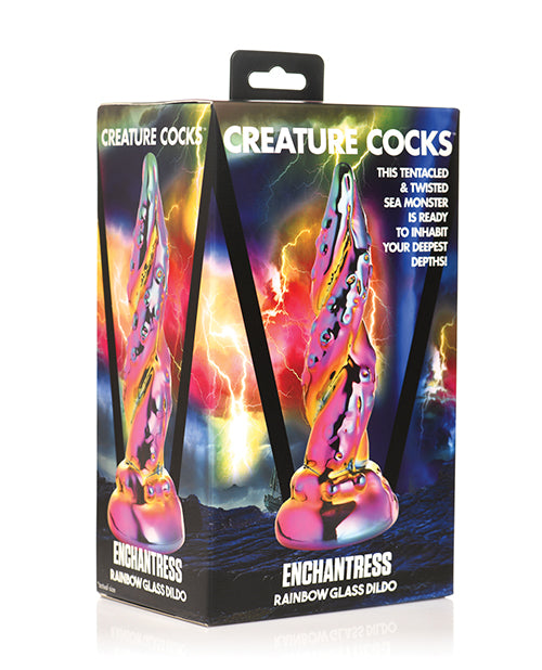Creature Cocks glass dildo iridescent rainbow with spiral tentacle texture for textured stimulation and harness compatibility