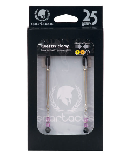 Spartacus Bondage Tweezer Nipple Clamps with Purple Crystal Beads and Adjustable Pressure for Sensory Play