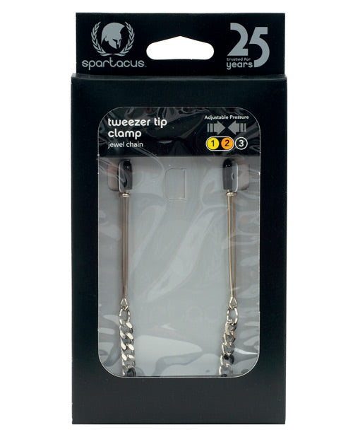 Spartacus Adjustable Nipple Clamps with Silver Jewel Chain and Tweezer Tips for Sensual Bondage Play