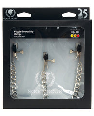 Spartacus Bondage Restraint Y-Style Nipple Clamps with Broad Rubber Tips and Adjustable Clit Clamp for Sensory Play