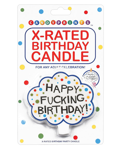 Candy Prints Bachelorette Party Candle Bold Happy Birthday Design for Adult Celebrations and Gag Gifts
