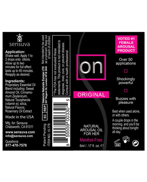 On Natural Arousal Oil for Her – Original Formula, Menthol-Free Sexual Enhancer, 5 ml