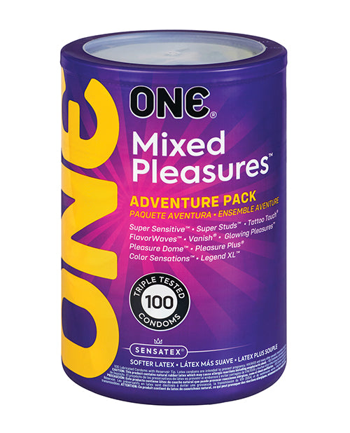 One Condoms Mix Pleasure Display bowl with assorted latex condoms and textured, flavored, and glow-in-the-dark options for safe intimacy